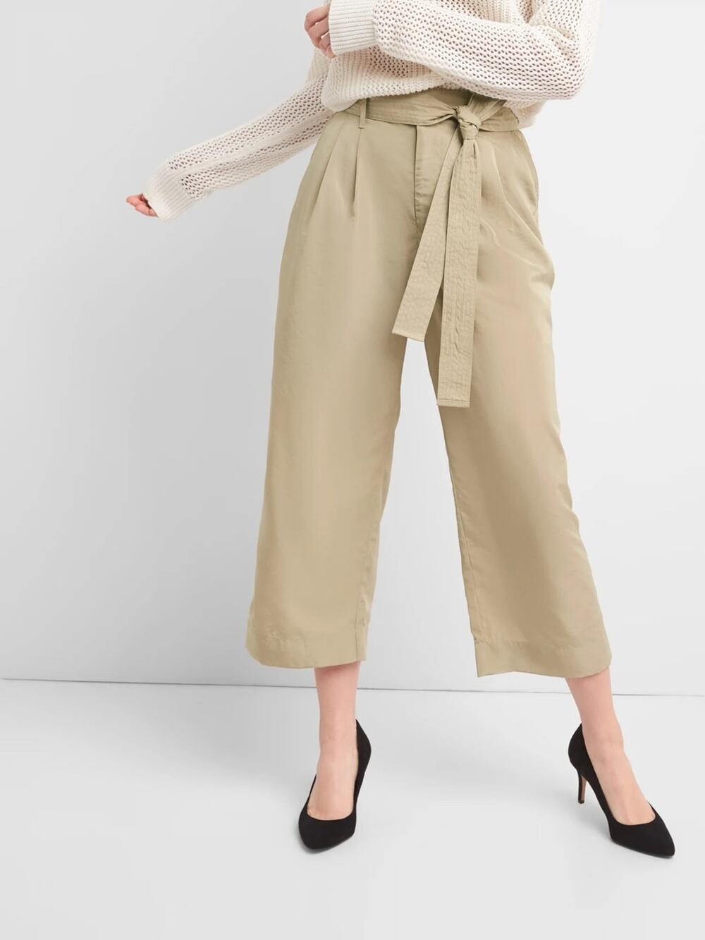 NEW GAP Tie-Waist Crop Wide-Leg Pants in Iconic Shiny Khaki - Size 12